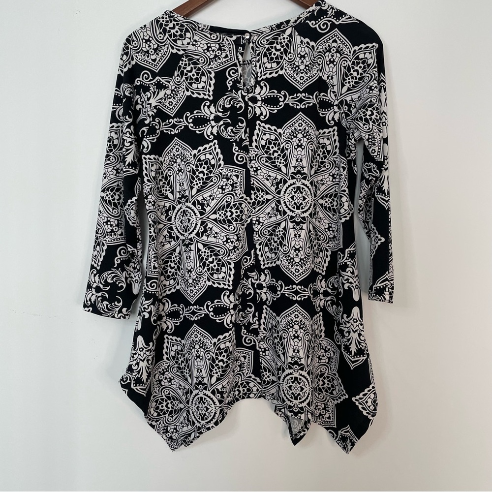 Floral Black & White Blouse - Boho floral print long sleeve 3/4 sleeve sz S - Picture 2 of 6